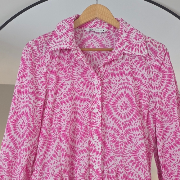 Zara Pink Tie-Dye Floral Mini Shirt Dress -  Skater Skirt, Size Large - Picture 5 of 9